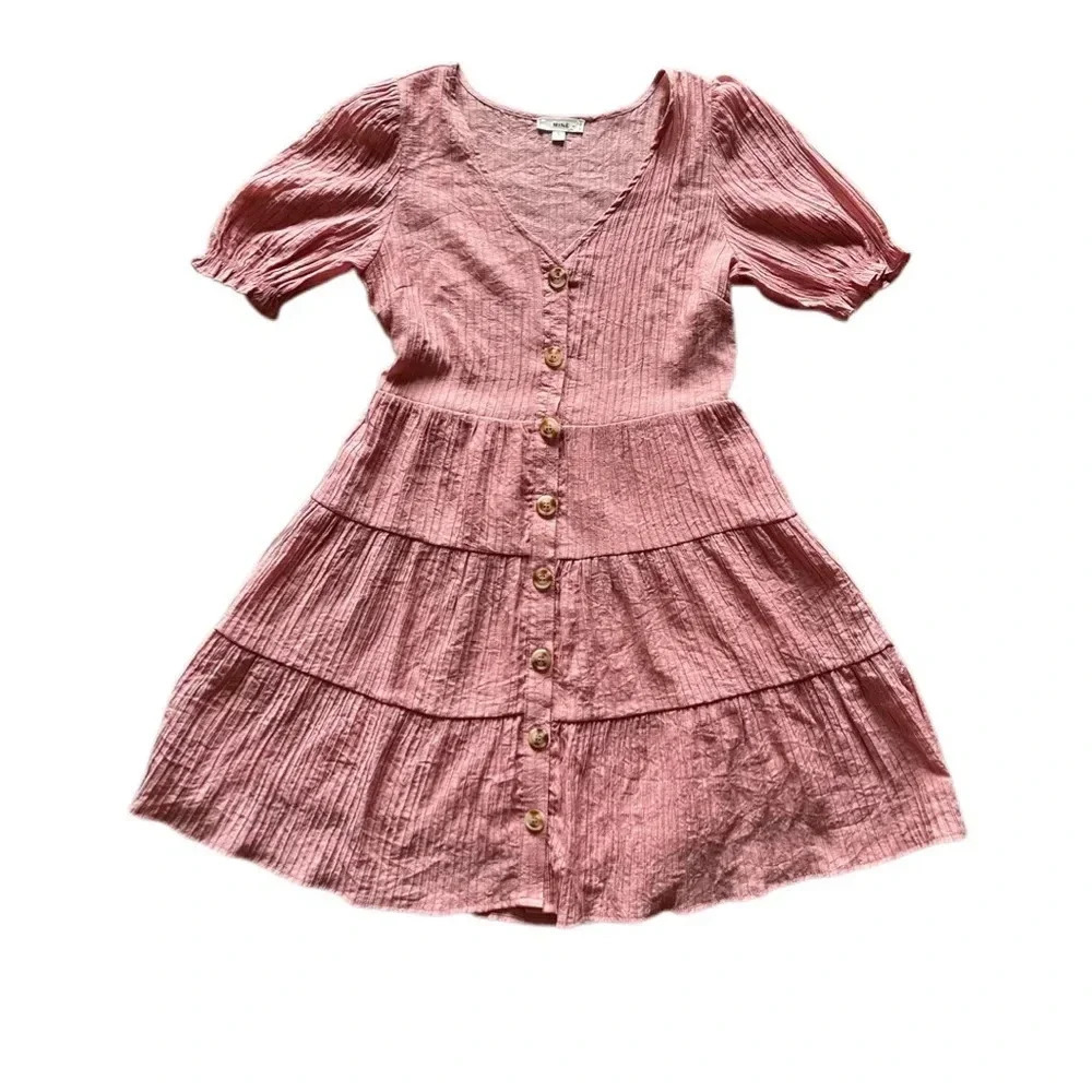Mine Pink Rose Puff Sleeves Tiered Midi Casual Dress Women’s Small - Picture 5 of 12